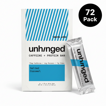 A box of Unhinged Caffeine + Protein Bar in Salted Caramel flavor, shown with one individual silver and blue stick pack beside it on a white background. A black circular badge in the top right reads '72 Pack'.