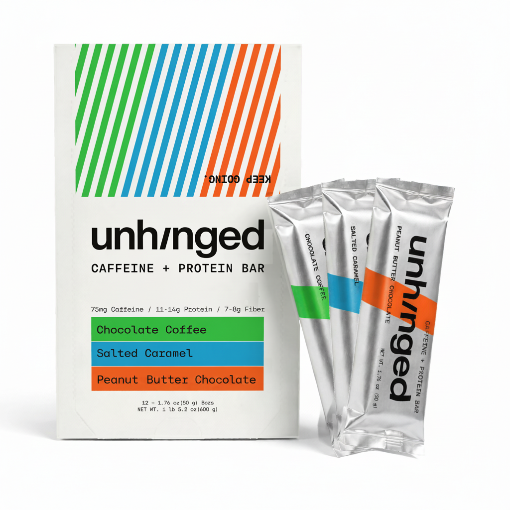 A box of unhnged Caffeine + Protein Bar with three individual silver stick packs standing beside it on a clean white background. The packaging features a white base with diagonal green, blue, and orange stripes at the top and flavor blocks indicating Chocolate Coffee, Salted Caramel, and Chocolate Peanut Butter.