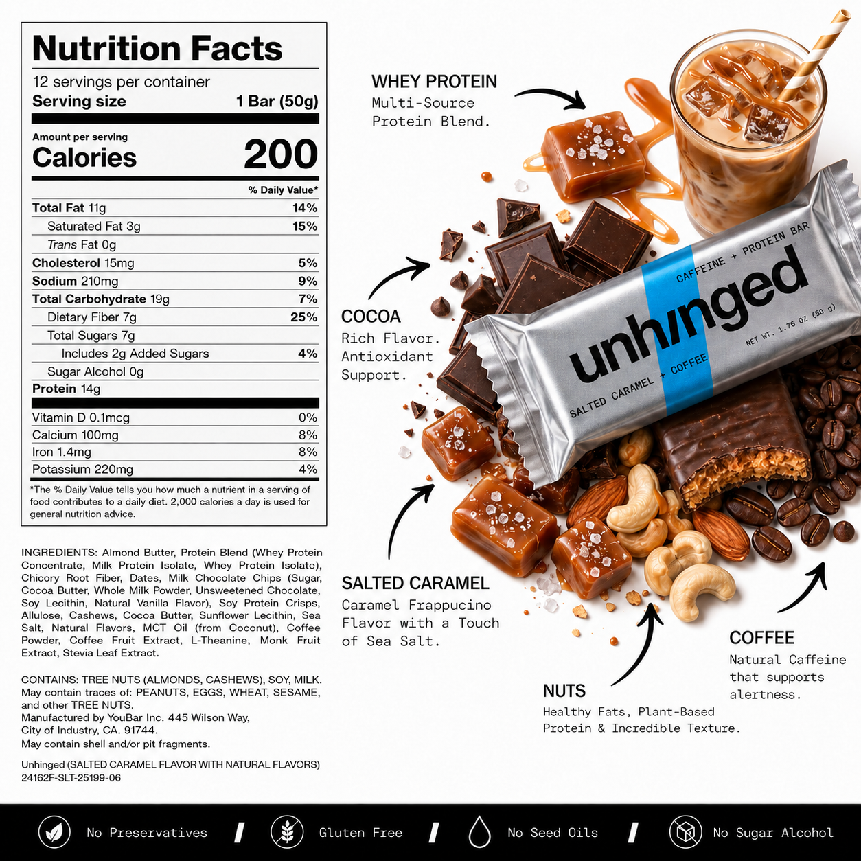 A promotional product graphic for "Unhinged" Salted Caramel Protein Powder. The image features a silver and blue foil-wrapped protein bar on the right, surrounded by dramatic illustrations of caramel syrup, almonds, and coffee beans.