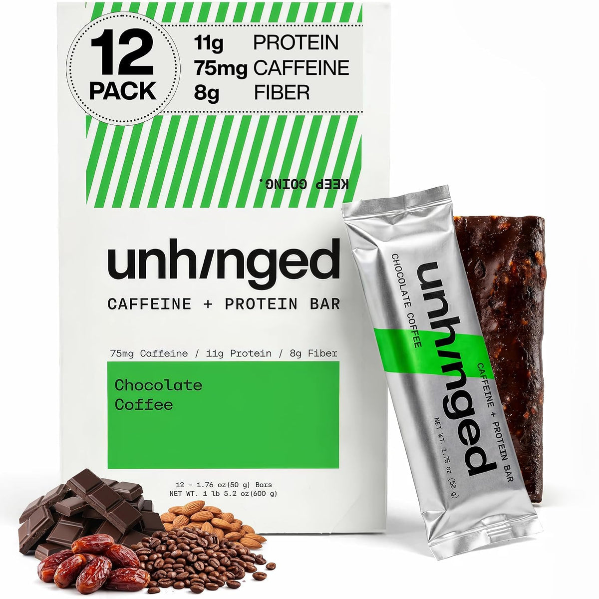 Chocolate + Coffee caffeine and protein bars, 12-bar box with wrapped and unwrapped bar
