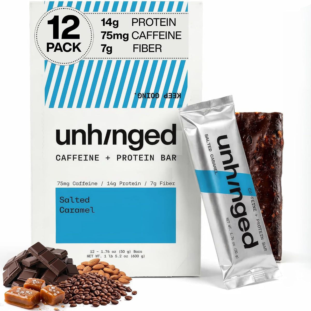 Salted Caramel caffeine and protein bars, 12-bar box with wrapped and unwrapped bar